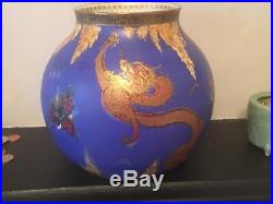 Large art deco Carlton Ware matt blue gilded Chinese Dragon and trees globe vase