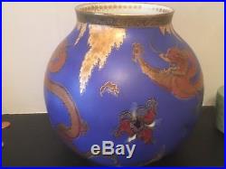 Large art deco Carlton Ware matt blue gilded Chinese Dragon and trees globe vase