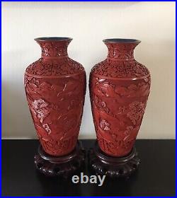Large chinese mirror pair of cinnabar vases 10 tall