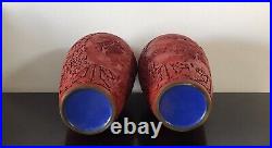 Large chinese mirror pair of cinnabar vases 10 tall