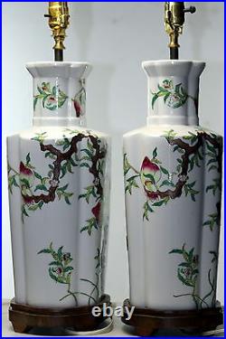 Large pair of Vintage Chinese Porcelain Vase Lamps with Peaches