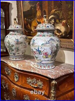 Large pair of antique Chinese Famille Rose Baluster vases 19th C Hunting Figures