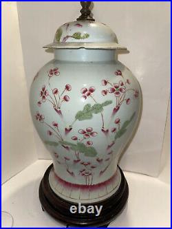 Late Qing Dynasty Chinese Jar Mounted As Lamp Famille Rose Begonia & Lotus LARGE