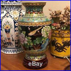 Lovely Large Chinese Cloisonne Vase Birds & Flowers Design withStand