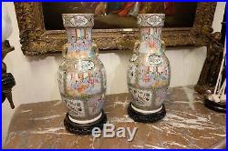 Lovely Pair of Large Antique Chinese Rose Medallion Vases on Wood Stands, 19th C