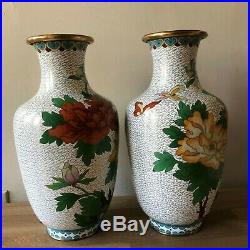 Lovely Pair of Large Chinese Cloisonne Vases Peony and Butterfly Design