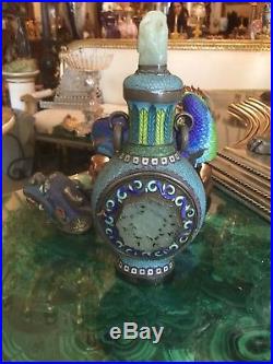 Magnifecent Chinese Rare Silver Enamel Large Dragon Clock Vase Jade Inserts