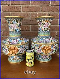 Magnificent Pair of Large Chinese Cloisonne Vases with Flowers and Symbols