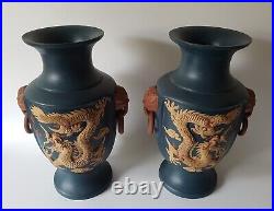 Mirror Pair of Large Chinese Yixing Vases Dragons & Mythical Birds Signed