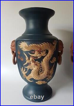 Mirror Pair of Large Chinese Yixing Vases Dragons & Mythical Birds Signed