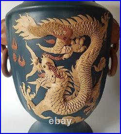 Mirror Pair of Large Chinese Yixing Vases Dragons & Mythical Birds Signed