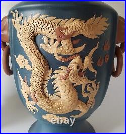 Mirror Pair of Large Chinese Yixing Vases Dragons & Mythical Birds Signed