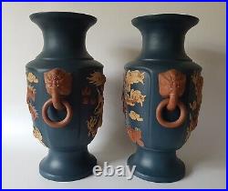 Mirror Pair of Large Chinese Yixing Vases Dragons & Mythical Birds Signed