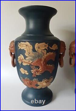 Mirror Pair of Large Chinese Yixing Vases Dragons & Mythical Birds Signed