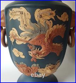 Mirror Pair of Large Chinese Yixing Vases Dragons & Mythical Birds Signed