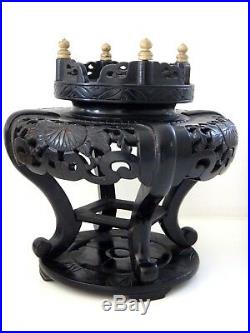 Old large wooden lacqued carved Chinese stand for vase 11 inches