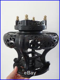 Old large wooden lacqued carved Chinese stand for vase 11 inches