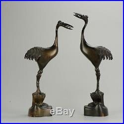 PAIR Large Antique Meiji Japanese Bronze Candle Holders Birds Cranes Vas