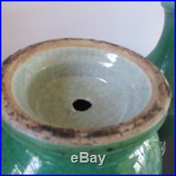 Pair Antique Asian Chinese Porcelain Lrg Apple Green Crackle MonoChrome Vase 19C
