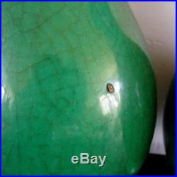 Pair Antique Asian Chinese Porcelain Lrg Apple Green Crackle MonoChrome Vase 19C