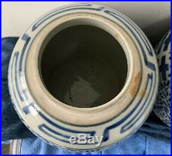 Pair Antique Blue White Chinese Oriental Japanese Ginger Jars Vases Lidded Large