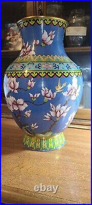 Pair Antique Chinese Large Cloisonne Vases 15 in. Tall