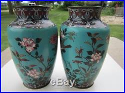 Pair Antique Large Chinese Cloisonne Metal Birds & Flowers Decorated Vases
