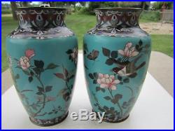 Pair Antique Large Chinese Cloisonne Metal Birds & Flowers Decorated Vases