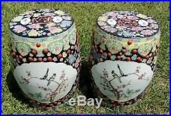 Pair Antique/Vtg Large Chinese Porcelain BIRD Barrel Garden Pedestal Stool Seats