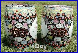 Pair Antique/Vtg Large Chinese Porcelain BIRD Barrel Garden Pedestal Stool Seats