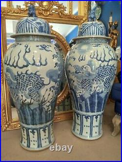 Pair Blue and White Porcelain Temple Jars Vases large 4ft