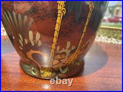 Pair Chinese Celadon Large Vase Redhead Cranes & Flowers Vintage 13 3/4&11 3/4