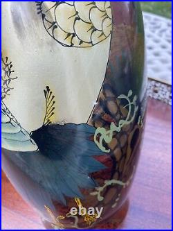 Pair Chinese Celadon Large Vase Redhead Cranes & Flowers Vintage 13 3/4&11 3/4
