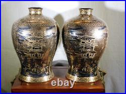 Pair Chinese Hand Painted Gold Gilded Meiping Style Large Vases