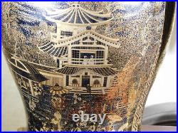 Pair Chinese Hand Painted Gold Gilded Meiping Style Large Vases