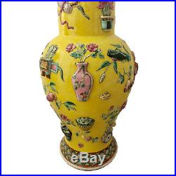 Pair Chinese Large Imperial Yellow 100 Antiquities Baluster Vases with Lids
