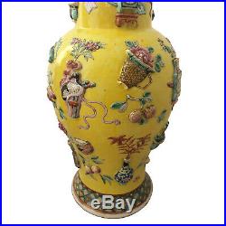 Pair Chinese Large Imperial Yellow 100 Antiquities Baluster Vases with Lids