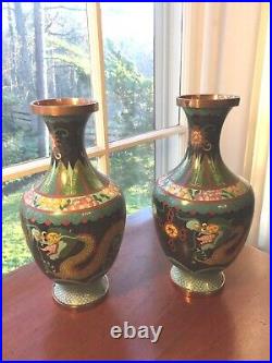 Pair Large 10 1/4 Vintage Chinese Dragon Cloisonne Vases
