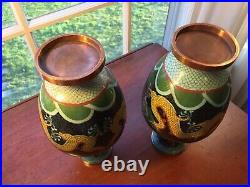 Pair Large 10 1/4 Vintage Chinese Dragon Cloisonne Vases