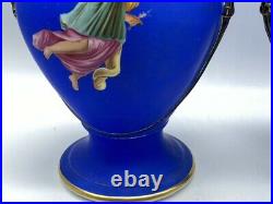Pair Large 14-1/2 Antique Porcelain Hand Painted Urn Vases Black Leaf Handles