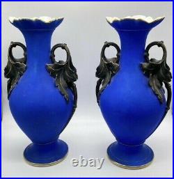 Pair Large 14-1/2 Antique Porcelain Hand Painted Urn Vases Black Leaf Handles