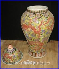 Pair Large Chinese Ming Porcelain Lidded Vases Urns Ginger Dragon Jars