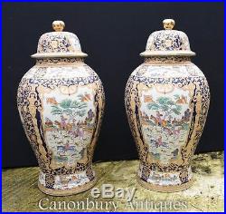 Pair Large Chinese Qing Porcelain Temple Ginger Jars Lidded Vases Urns