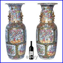 Pair Large Chinese Rose Medallion Vases - 36 in, 91 cm Tall