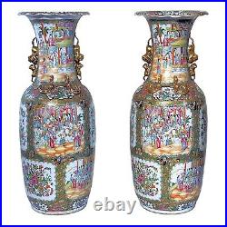 Pair Large Chinese Rose Medallion Vases - 36 in, 91 cm Tall