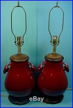 Pair Large Vintage Chinese Sang De Boeuf Porcelain Bailuzun Vases / Table Lamps