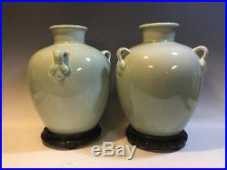 Pair Maitland Smith Large Asian Inspired Decorator Celadon Green Vases withStands