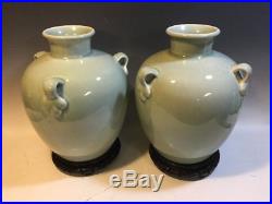 Pair Maitland Smith Large Asian Inspired Decorator Celadon Green Vases withStands