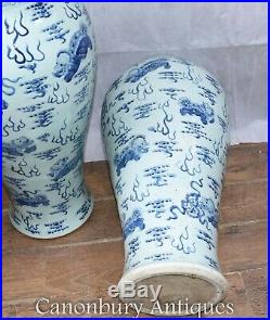 Pair Ming Porcelain Temple Urns Jars Large Blue and White Vases