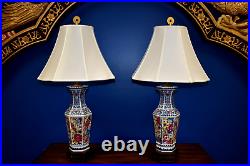 Pair Of 32 Chinese Porcelain Hex Blue & White Vase Lamp 1000 Flower Jingdezhen